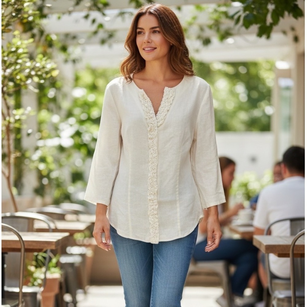 Susan Bristol Womens‎ White 100% Linen Ruffle Trim V-Neck Tunic Top Size Large